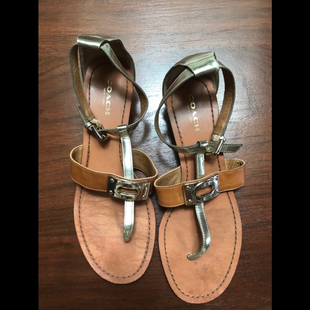 Coach gold and and tan wedge sandals gently used